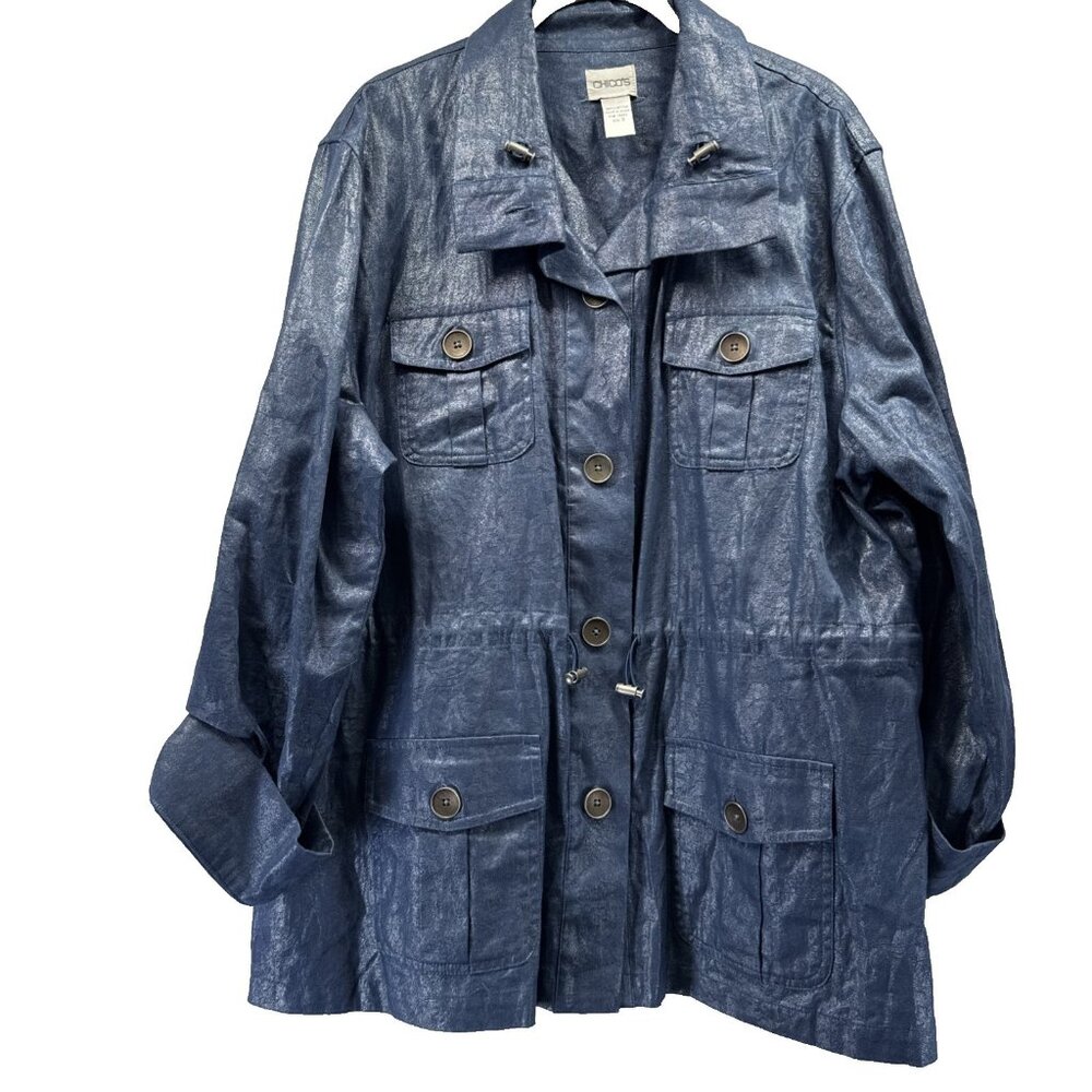 Chicos Women Jacket L Shiny Blue Button Up Pockets Roll Tab Sleeves Toggle Waist